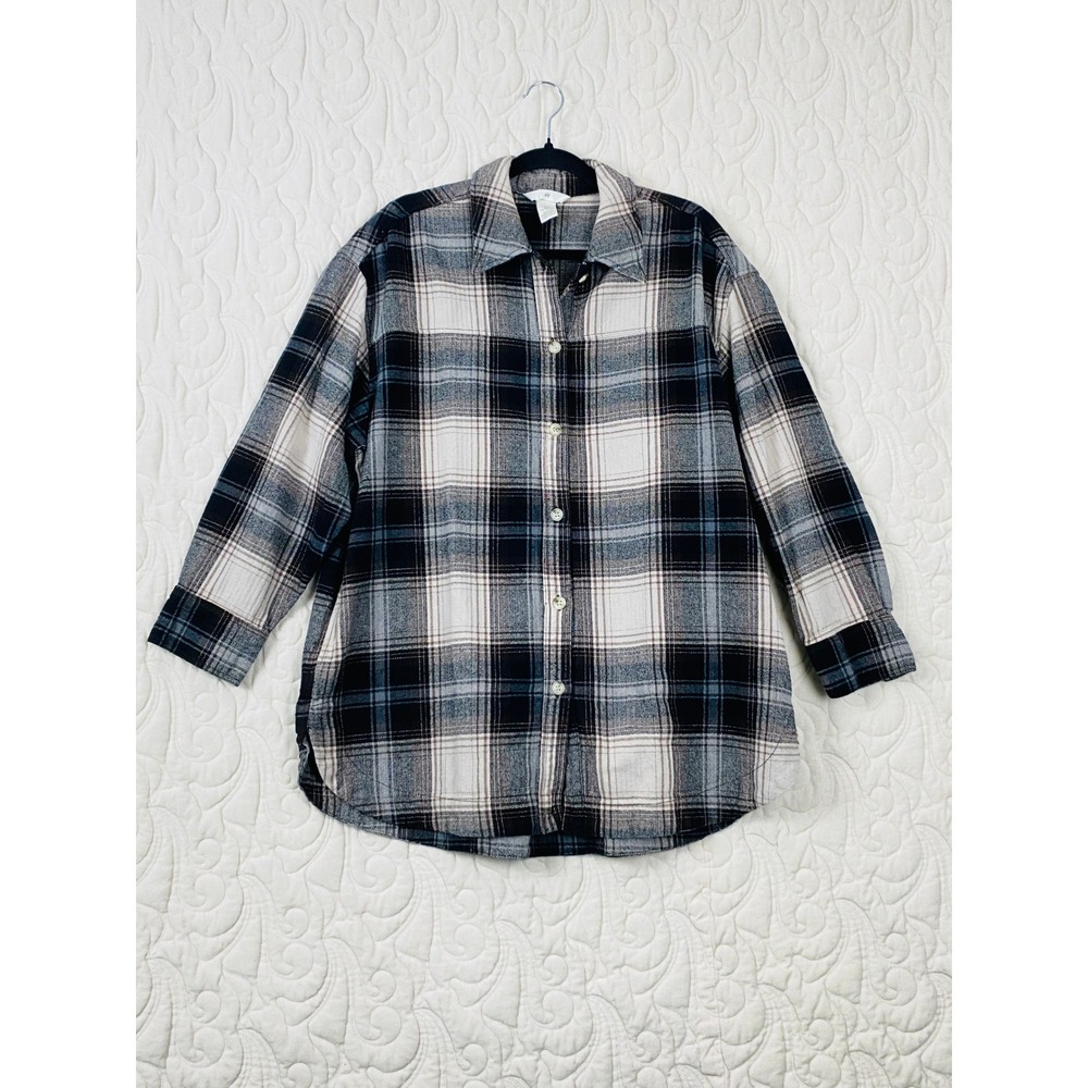 H&M Plaid Flannel Shacket Oversized Black Brown Grey Size Med Pockets